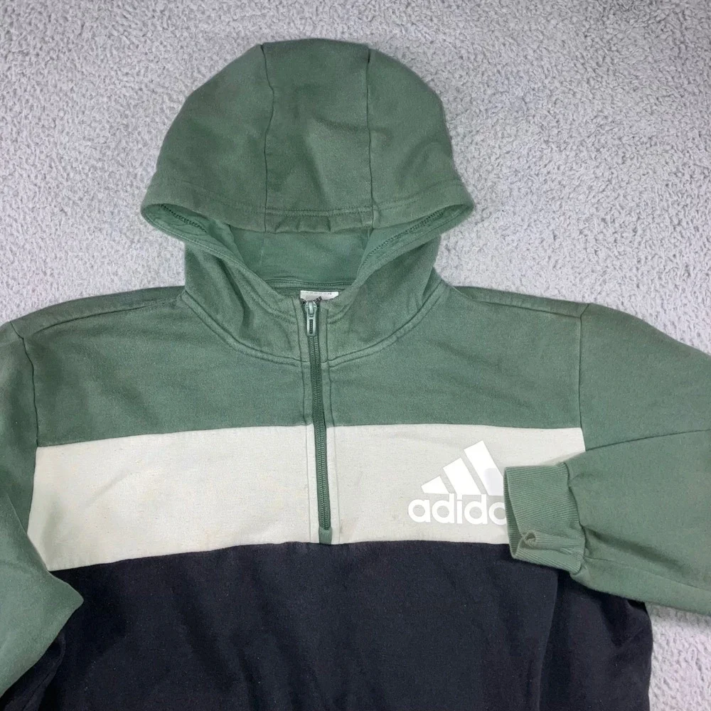 Adidas Hoodie Men L Green Black‎ White Colorblock Quarter Zip Fleece Sweatshirt